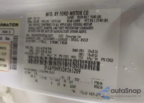 2013 Ford Fusion Se z USA, uszkodzony, nr VIN 3FA6P0H95DR265209